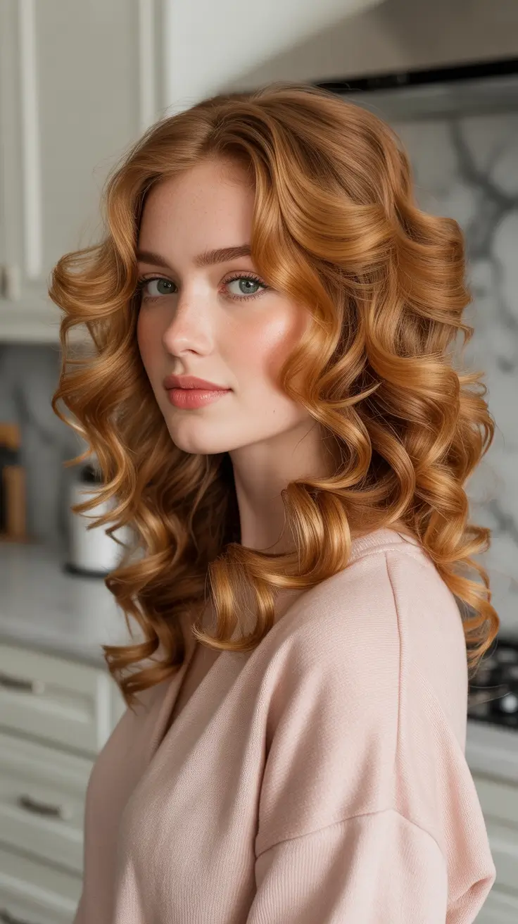 Warm auburn hair color 2026 with sunlit dimension - Golden Auburn Curls With Soft Retro Volume