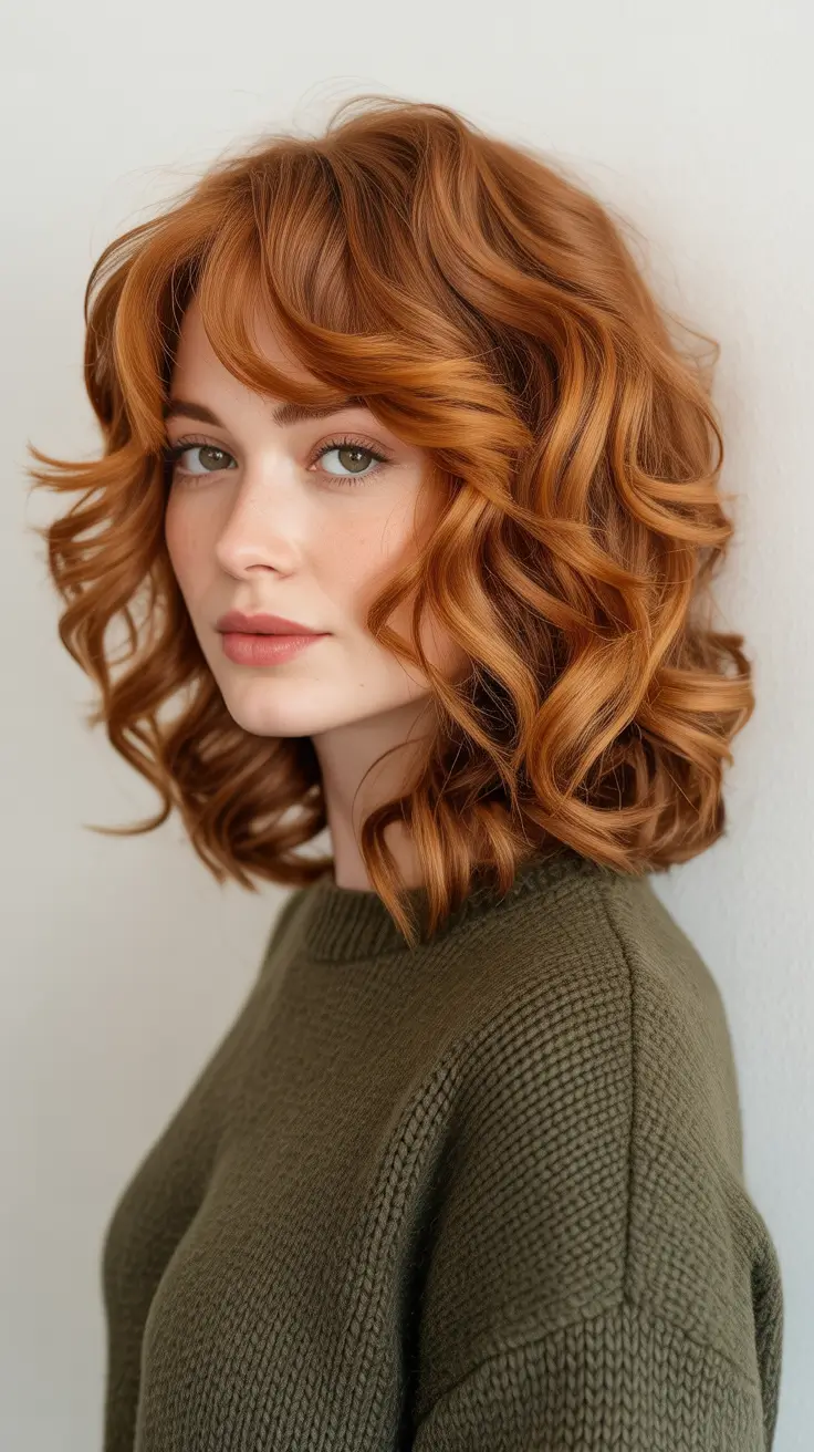 Warm auburn hair color 2026 with sunlit dimension - Playful Coppery Lob With Airy Fringe