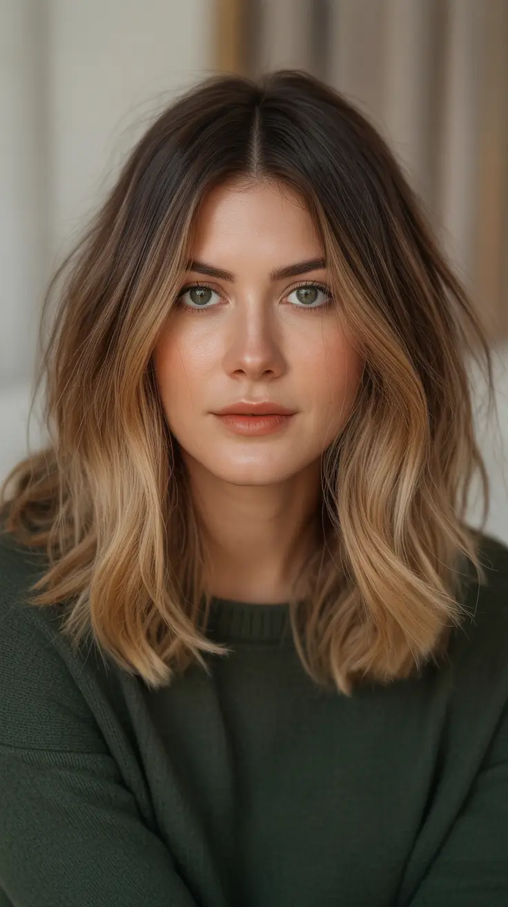 balayage hair color ideas 2026 Warm Tousled Lob With Soft Balayage