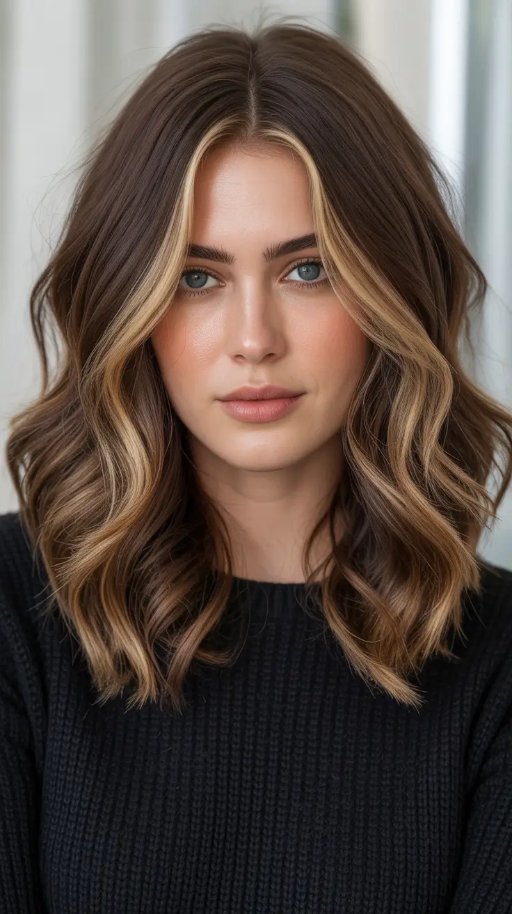 balayage hair color ideas 2026 Chunky Money Piece Waves For Brunettes