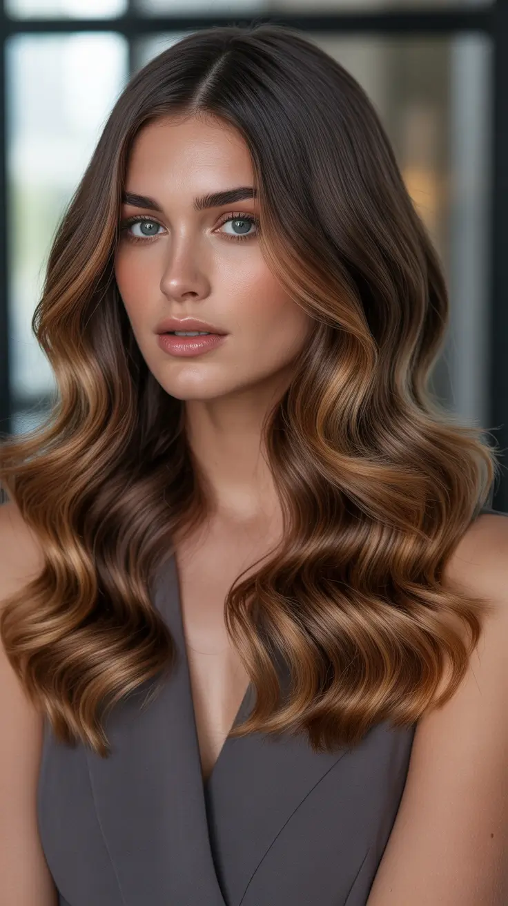 balayage hair color ideas 2026 Glossy Caramel Ribbon Waves