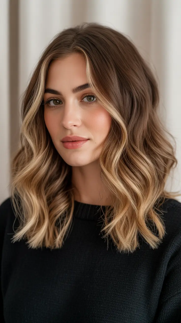 Blonde hair color 2026 Face Framing Caramel Money Pieces On Brunette Base