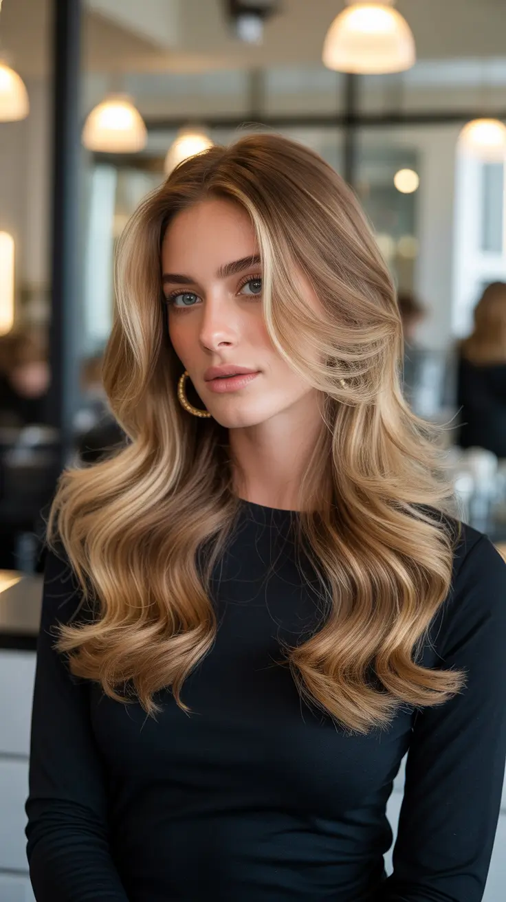 Blonde hair color 2026 Caramel Swirl Waves For Evening Glam