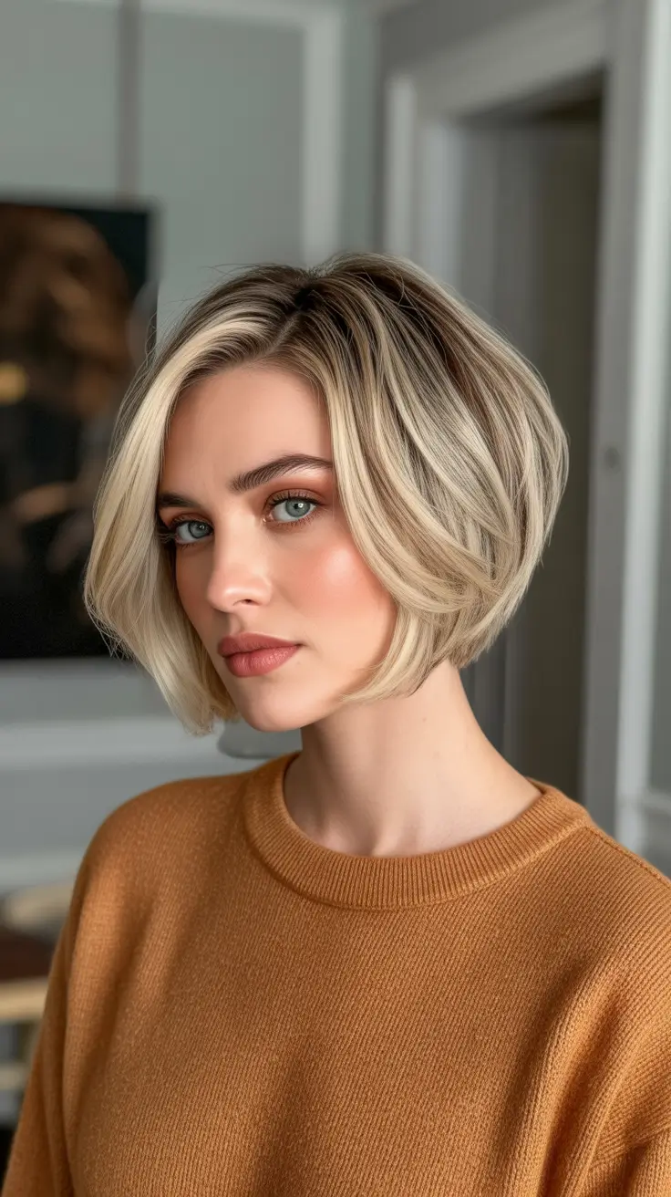 Blonde hair color 2026 Stacked Rooted Bob For Cozy Seasons