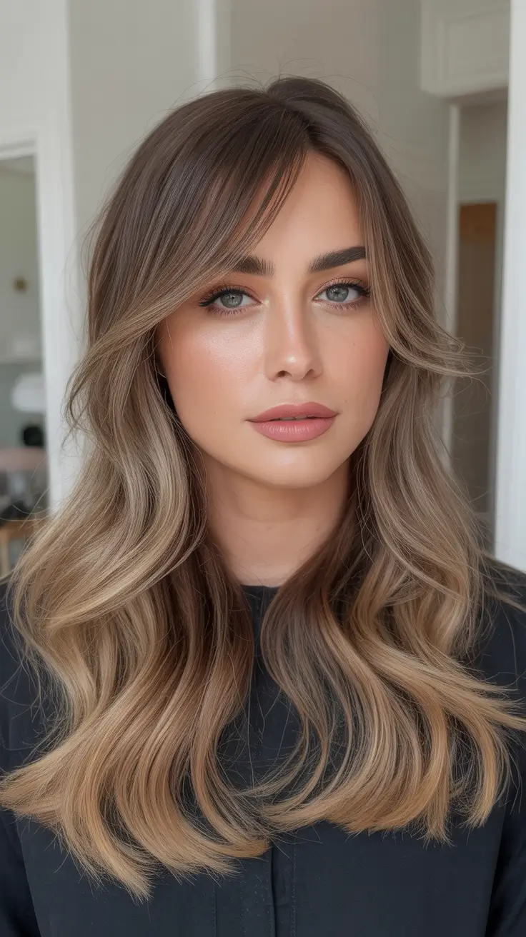 Cool vs warm brown hair colors 2026 undertone guide Soft Beige Balayage With Curtain Fringe
