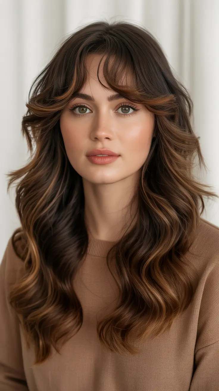 Cool Vs Warm Brown Hair Colors 2026 - Undertone Guide - Cinnamon Waves With Airy Curtain Bangs