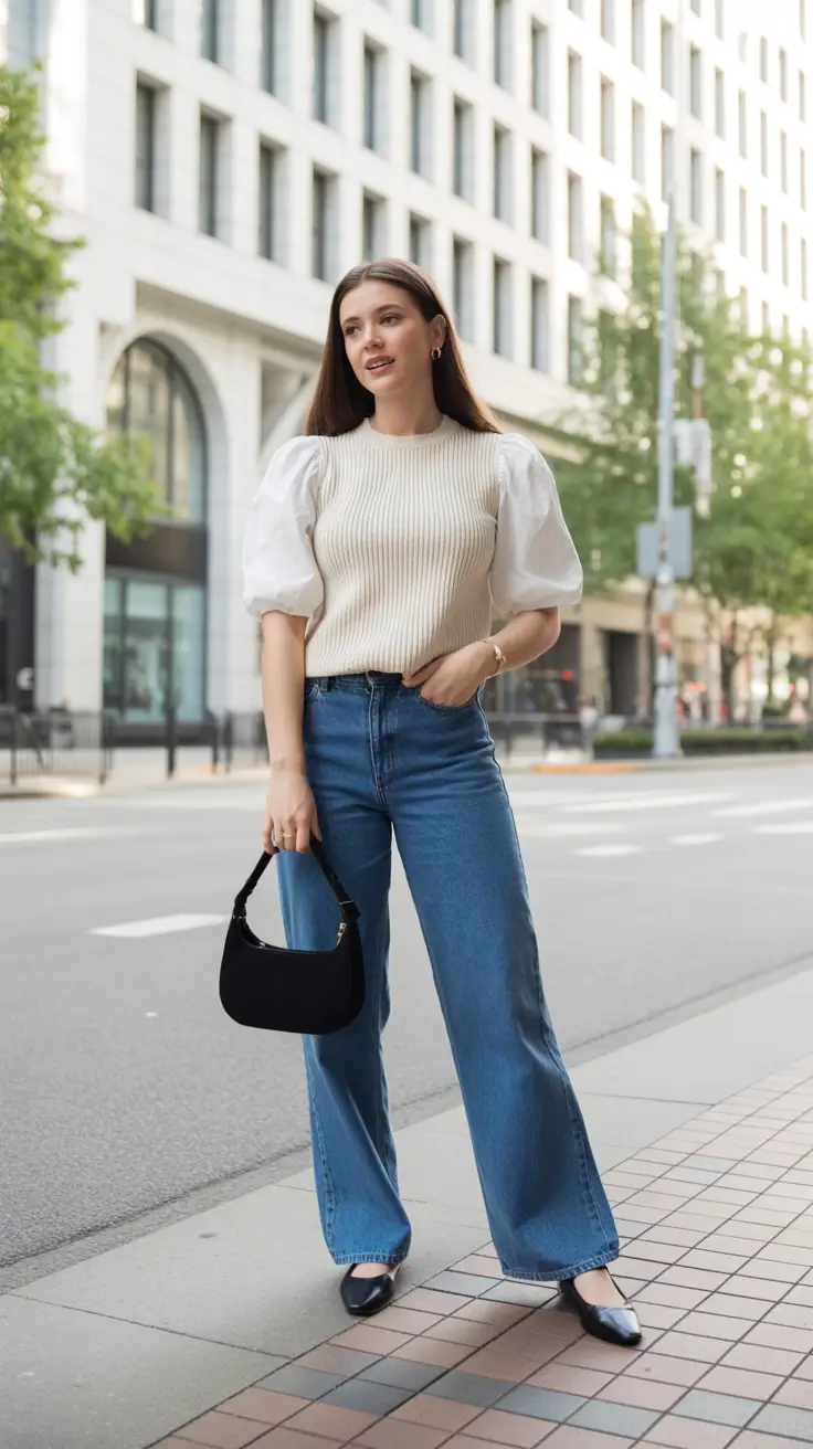 Cute brunch outfits 2026 - Puff-Sleeve Knit with Wide-Leg Denim