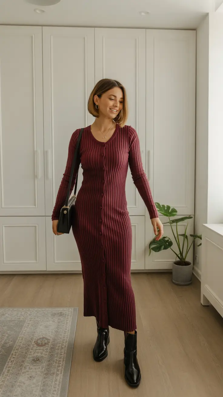 Cute brunch outfits 2026 - Ribbed Midi Dress with Ankle Boots