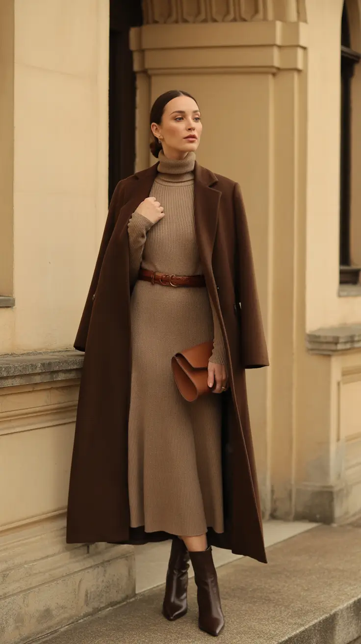 Cute brunch outfits 2026 - Caramel Knit Dress with Long Coat