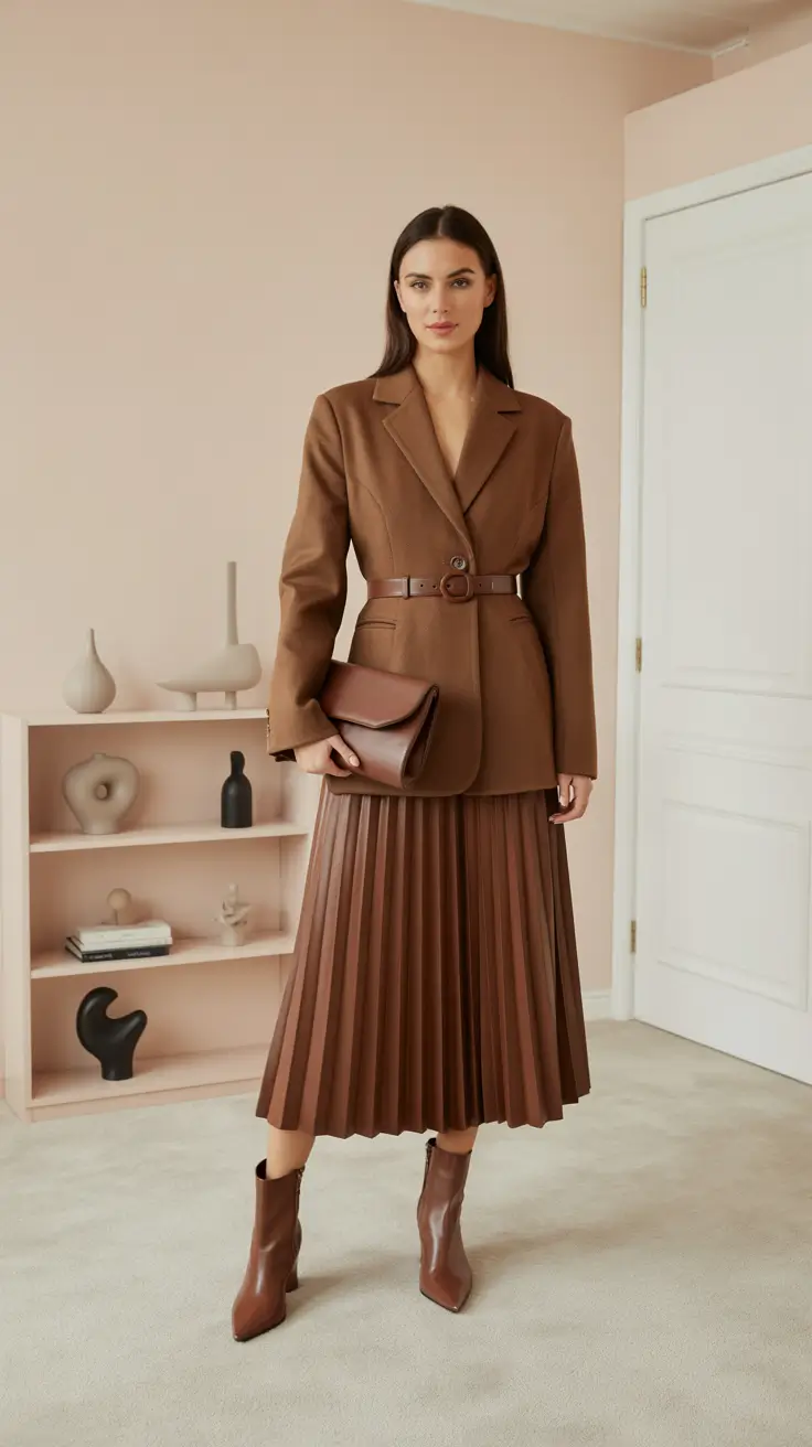 Cute brunch outfits 2026 - Belted Blazer With Pleated Midi Skirt