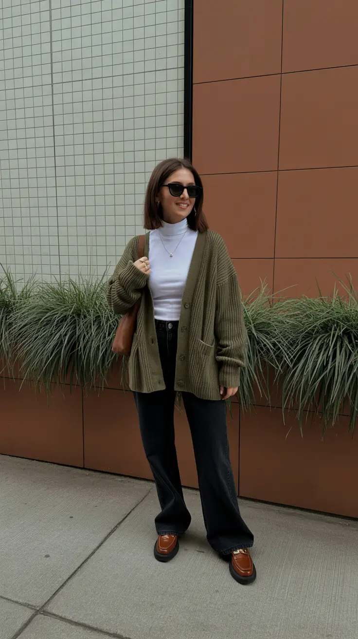 Cute brunch outfits 2026 - Olive Cardigan With Clean Turtleneck And Loafers