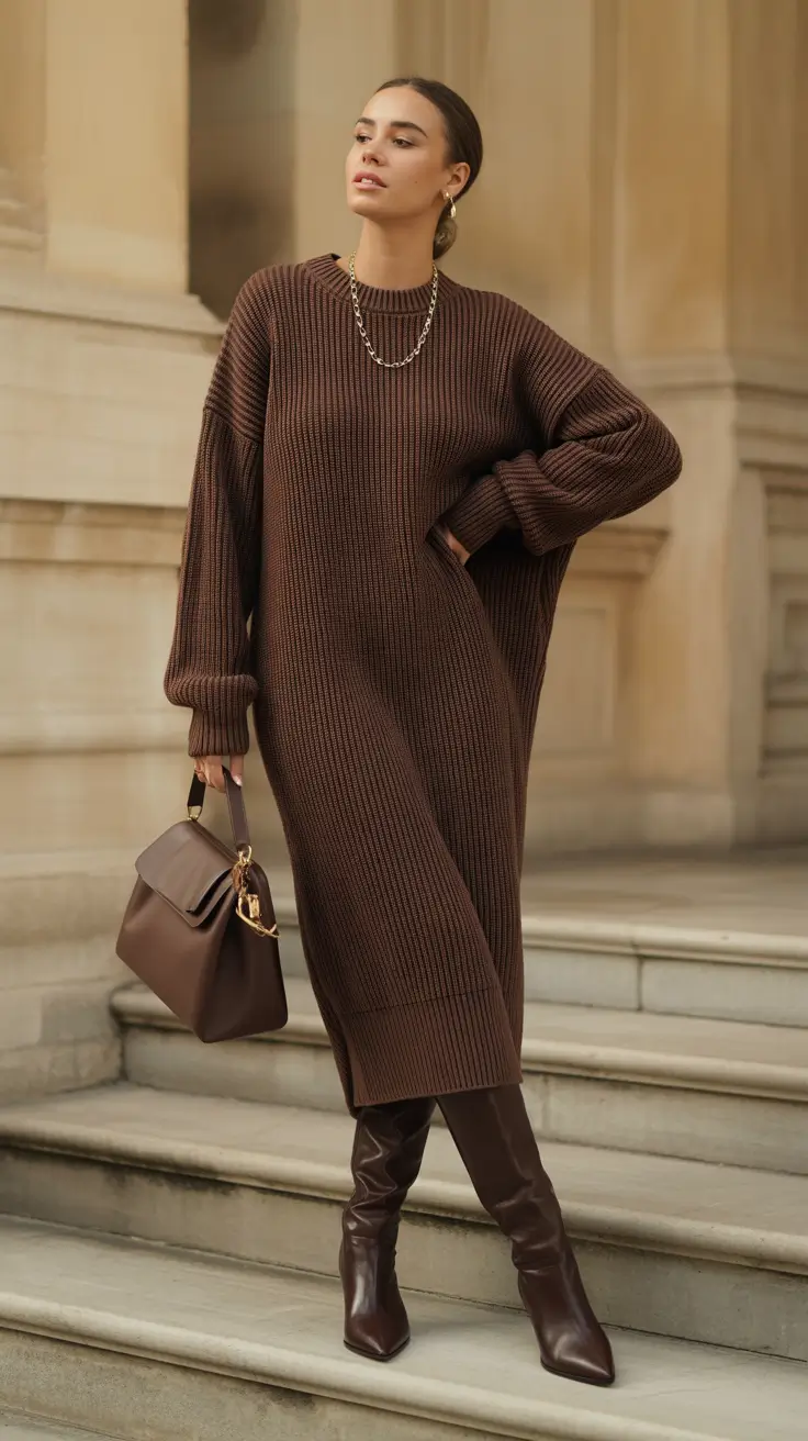 Cute brunch outfits 2026 - Long Sweater Dress With Sleek Knee Boots