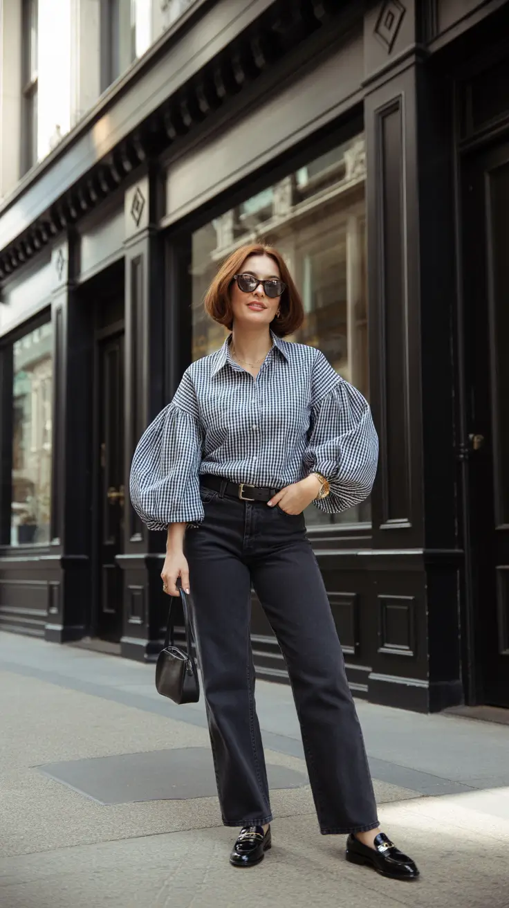 Cute brunch outfits 2026 - Gingham Statement Sleeves with Black Denim