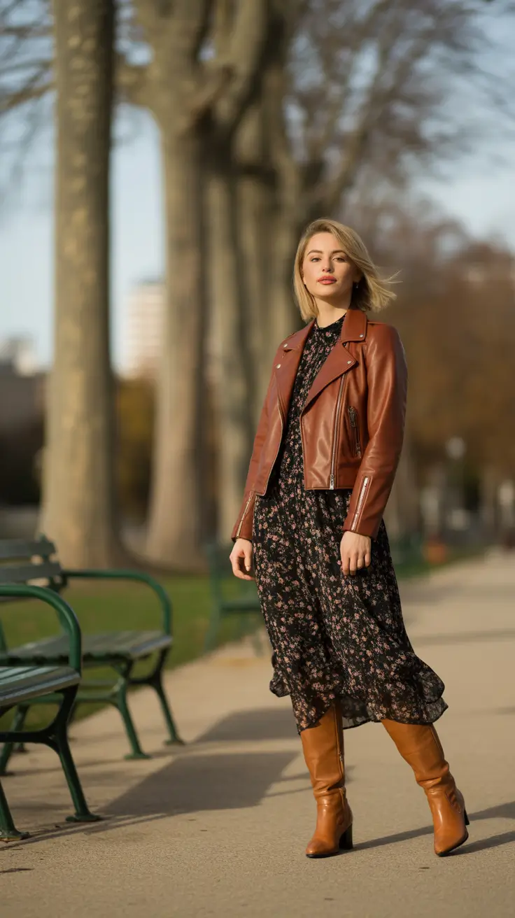 Cute brunch outfits 2026 - Floral Midi With Tan Knee Boots