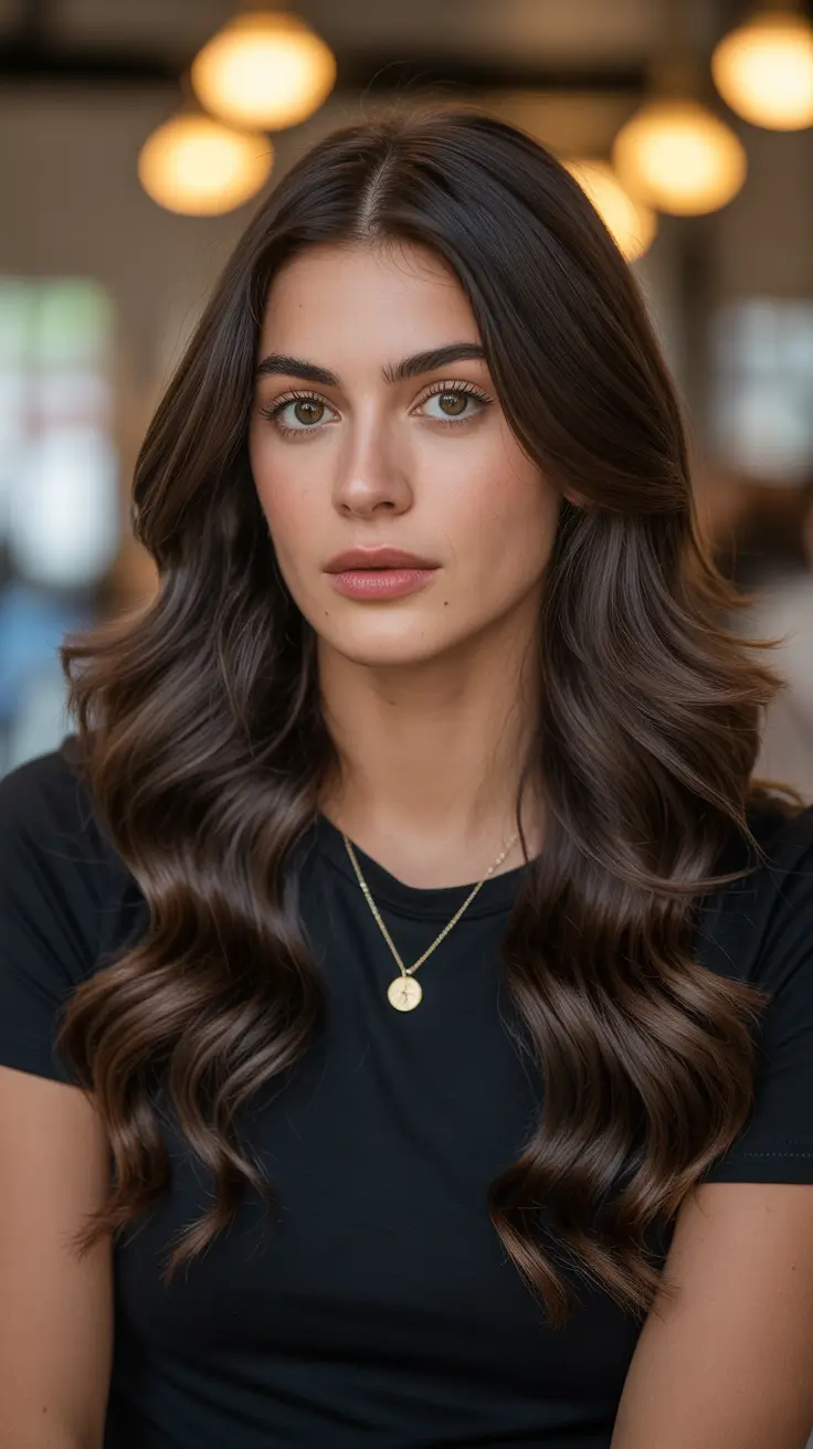 Cool-tone brunette hair color 2026 Glossy Espresso Waves With Subtle Cool Dimension