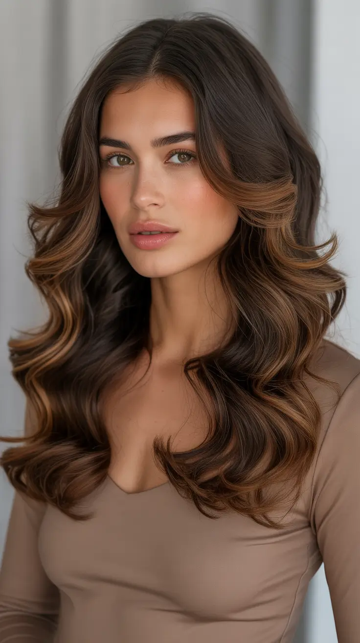 Cool-tone brunette hair color 2026 Soft Chocolate Contour Blowout
