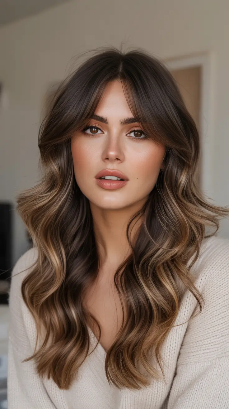 Cool-tone brunette hair color 2026 Curtain Fringe Bronde Waves