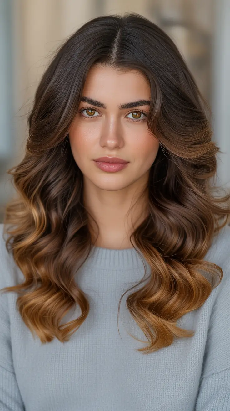 Cool-tone brunette hair color 2026 Caramel Melt Ends For Tan Skin