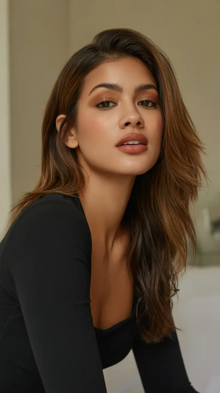 Cool-tone brunette hair color 2026 Smoky Brunette Layers For Tan Glow