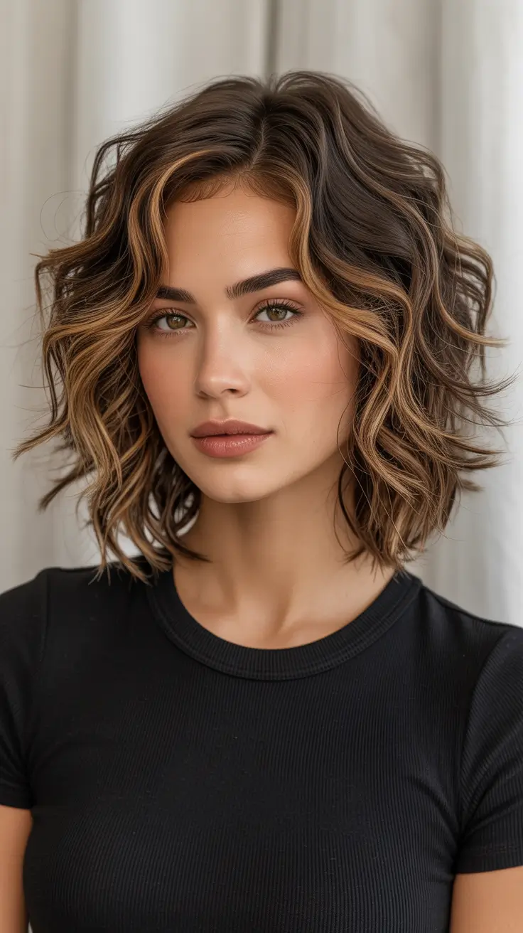 Cool-tone brunette hair color 2026 Curly Cool Brunette Bob With Soft Contrast