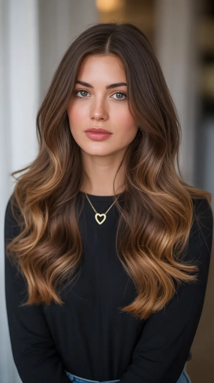 Cool-tone brunette hair color 2026 Soft Cool Brunette Balayage On Long Waves
