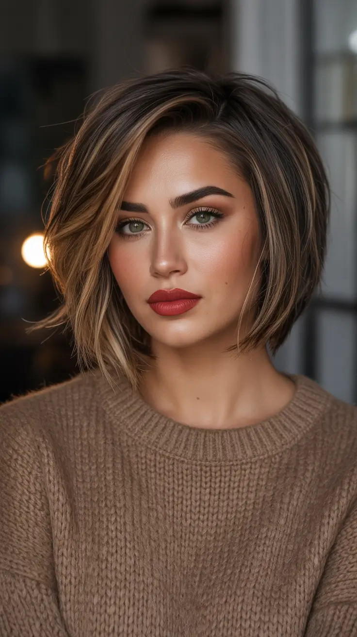 Cool-tone brunette hair color 2026 Structured Brunette Lob With Luxe Highlights