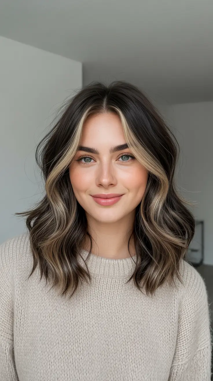Cool-tone brunette hair color 2026 Cool Beige Money Piece Lob
