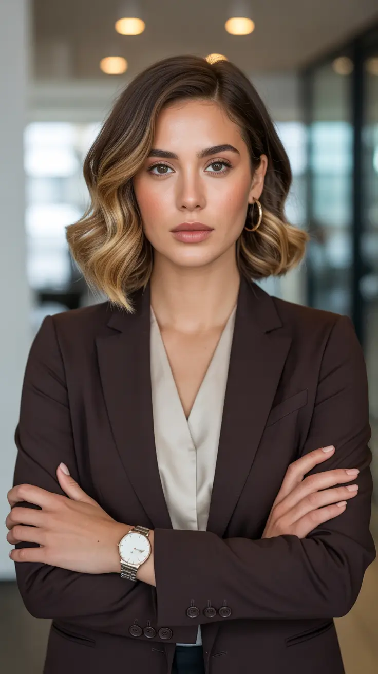 Cool-tone brunette hair color 2026 Power Bob With High-Contrast Brunette Roots