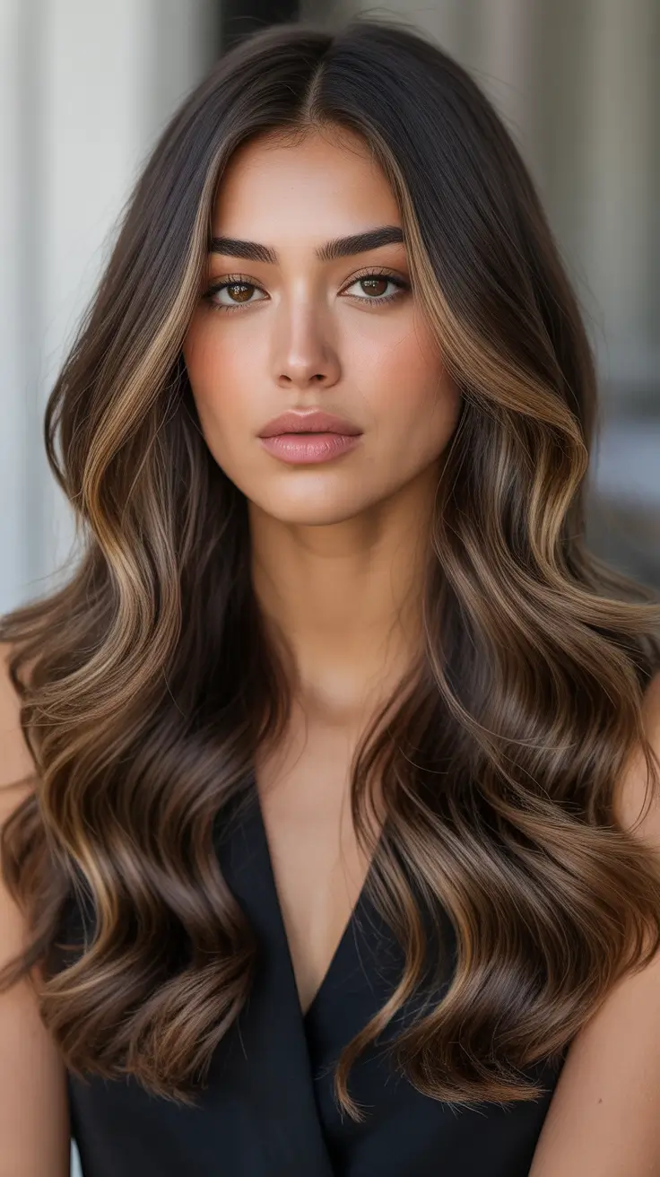 Cool-tone brunette hair color 2026 Chocolate Ribbon Waves With Cool Glow
