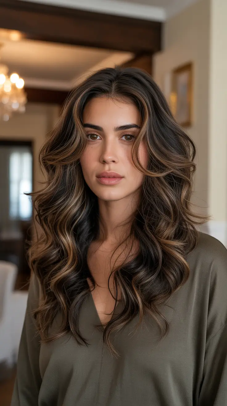 Cool-tone brunette hair color 2026 Layered Espresso Waves With Soft Ash Lights