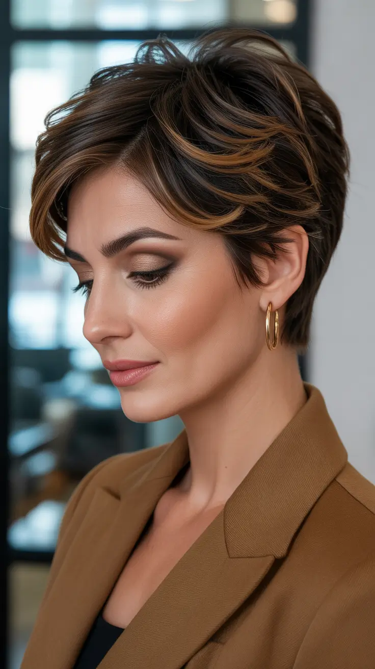Cool-tone brunette hair color 2026 Tailored Pixie Brunette With Dimensional Highlights