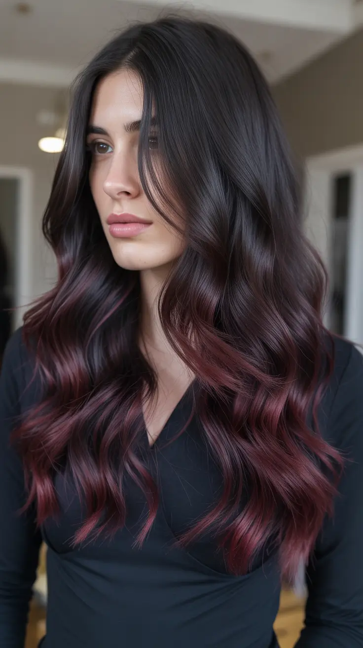 Cool-tone brunette hair color 2026 Deep Espresso With Wine Toned Ends