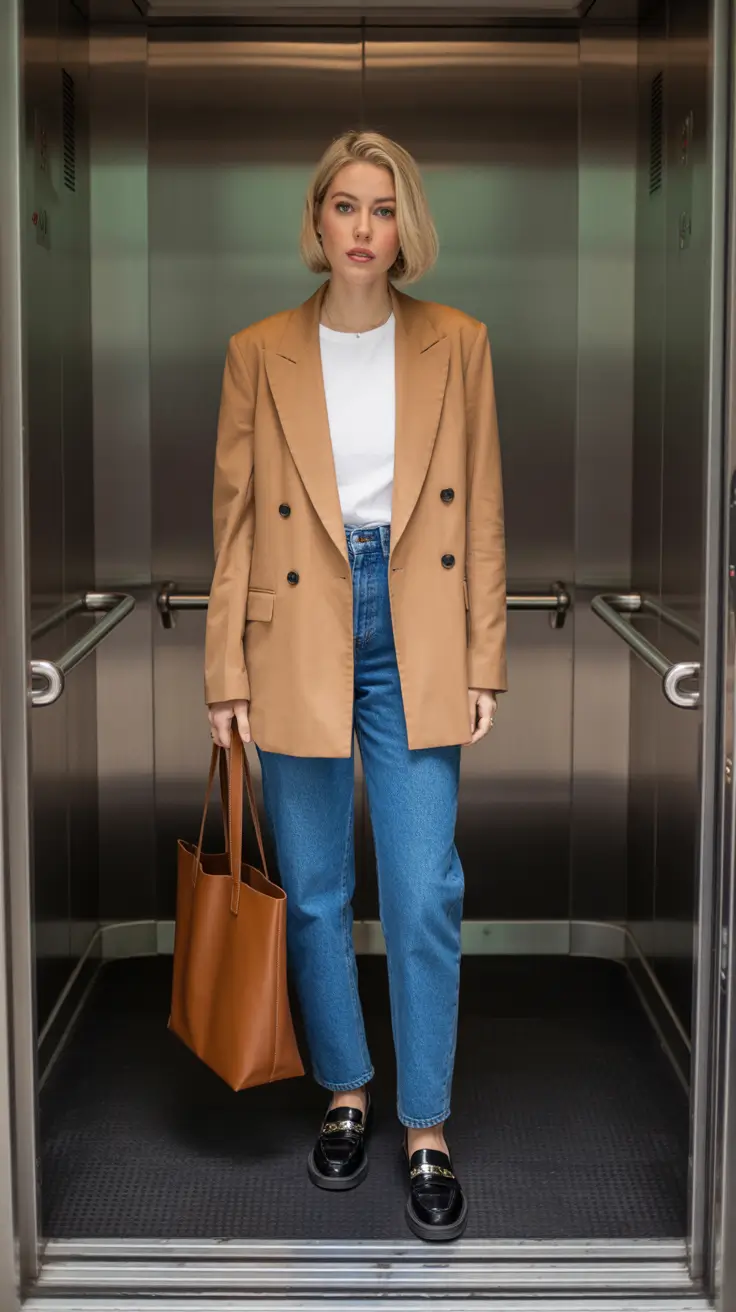 Business casual outfit for women ideas 2026 - Camel Blazer With Blue Denim, The New Nine-to-Five