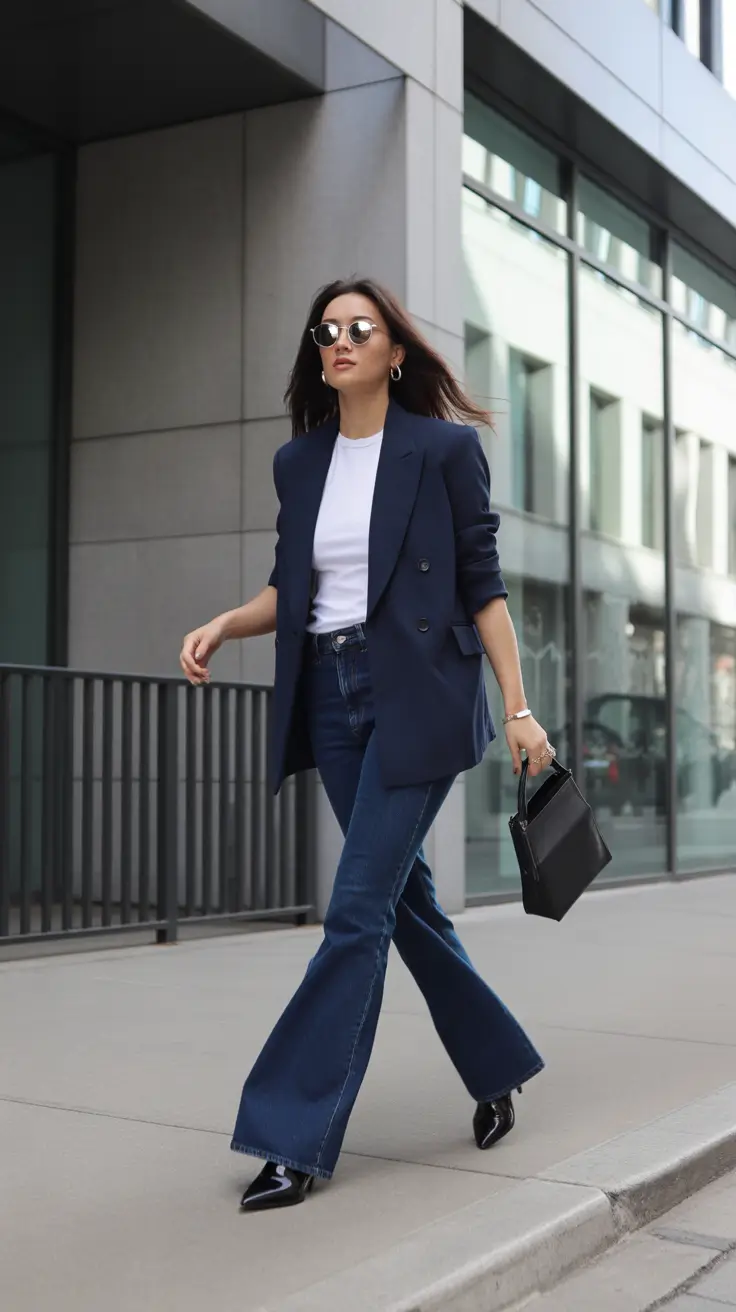 Business casual outfit for women ideas 2026 - Double-Breasted Blazer, Tee, Flared Denim, Patent Boots - City-Ready and Cute