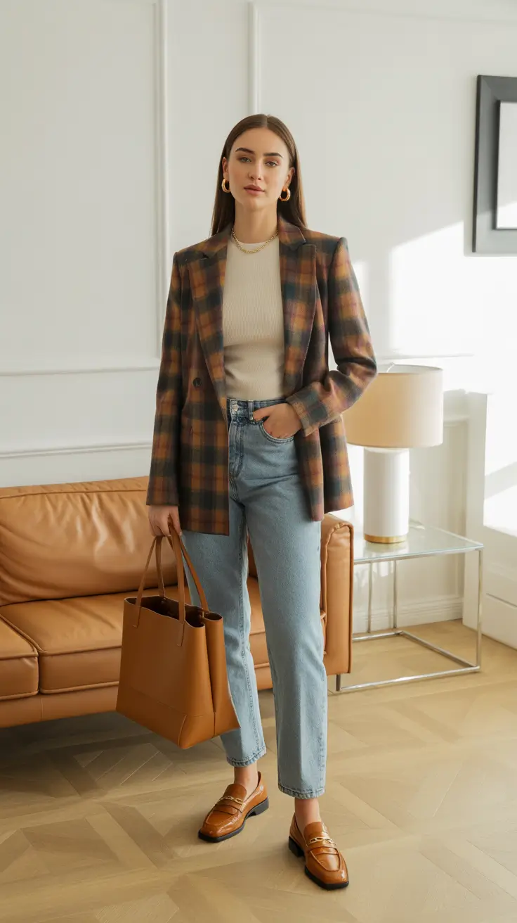 Business casual outfit for women ideas 2026 - Caramel Plaid Blazer With Light Denim
