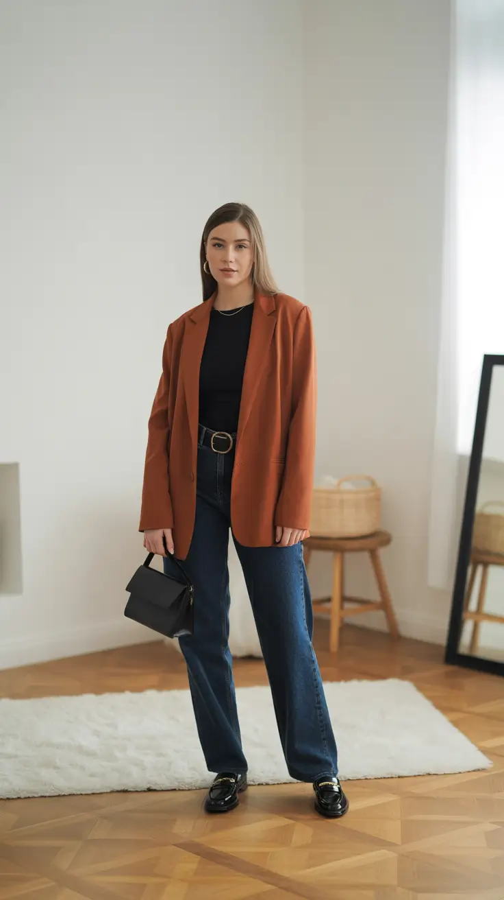 Business casual outfit for women ideas 2026 - Rust Blazer With Inky Denim