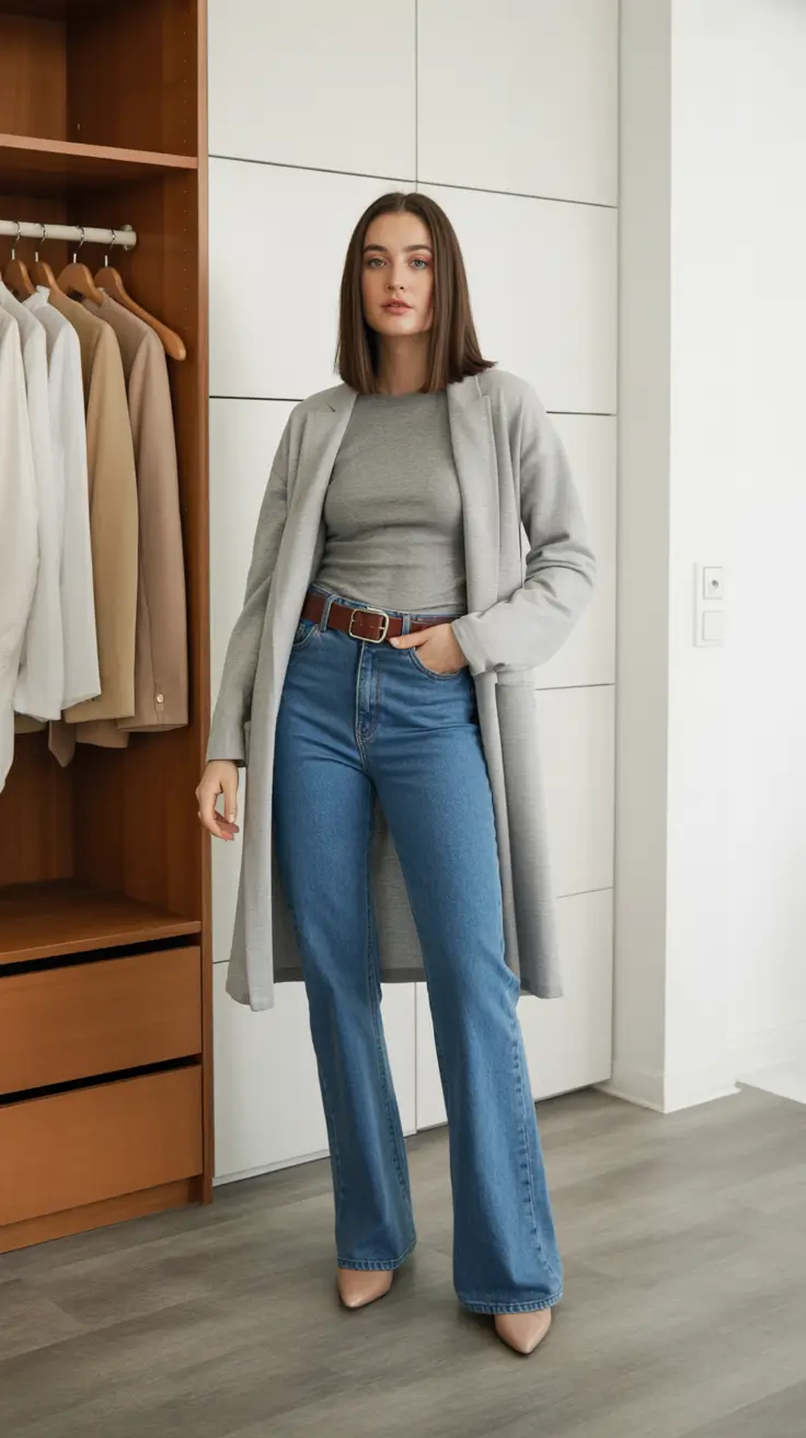 Business casual outfit for women ideas 2026 - Soft-Gray Coatigan With Flare Denim