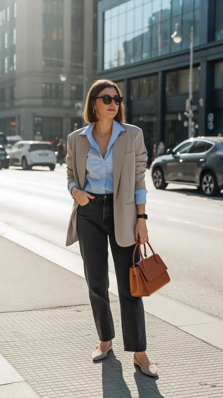 Business casual outfit for women ideas 2026 - Beige Blazer, Blue Button-Down, Black Denim - Soft Power in Motion