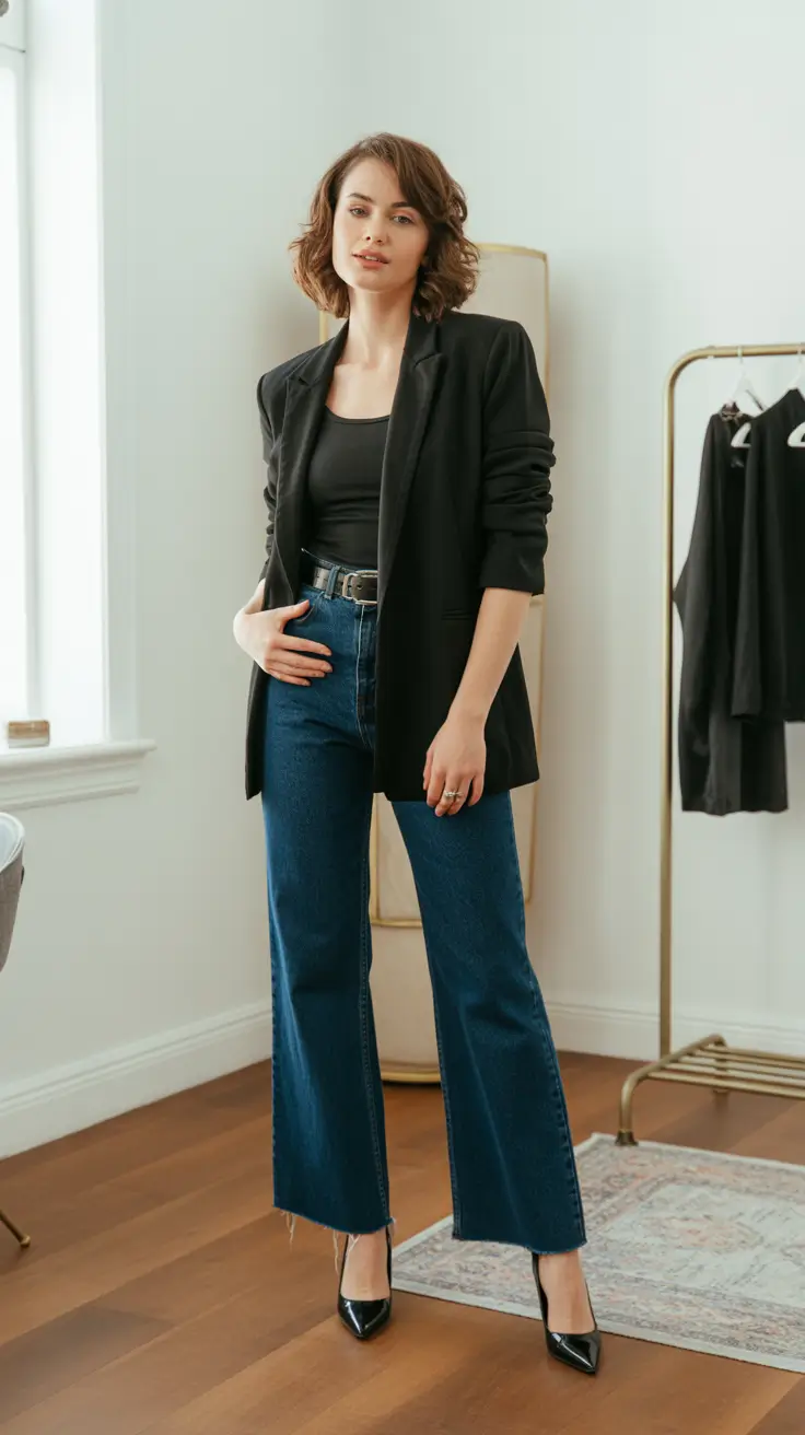 Business casual outfit for women ideas 2026 - Black Blazer, Tank, Wide-Leg Denim, Pointed Pumps - Clean Lines, Big Impact