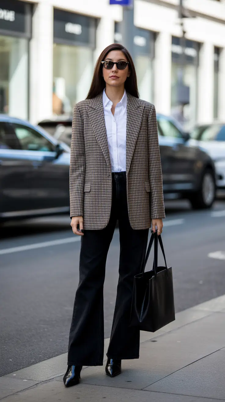 Business casual outfit for women ideas 2026 - Heritage Check Blazer, White Shirt, Black Flares - Autumn Authority
