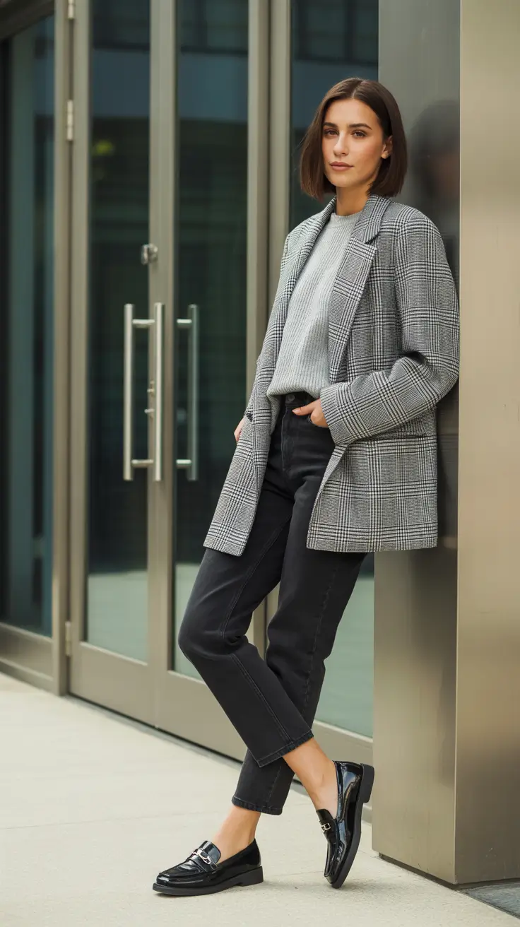 Business casual outfit for women ideas 2026 - Glen Check Layers For Chillier Commutes