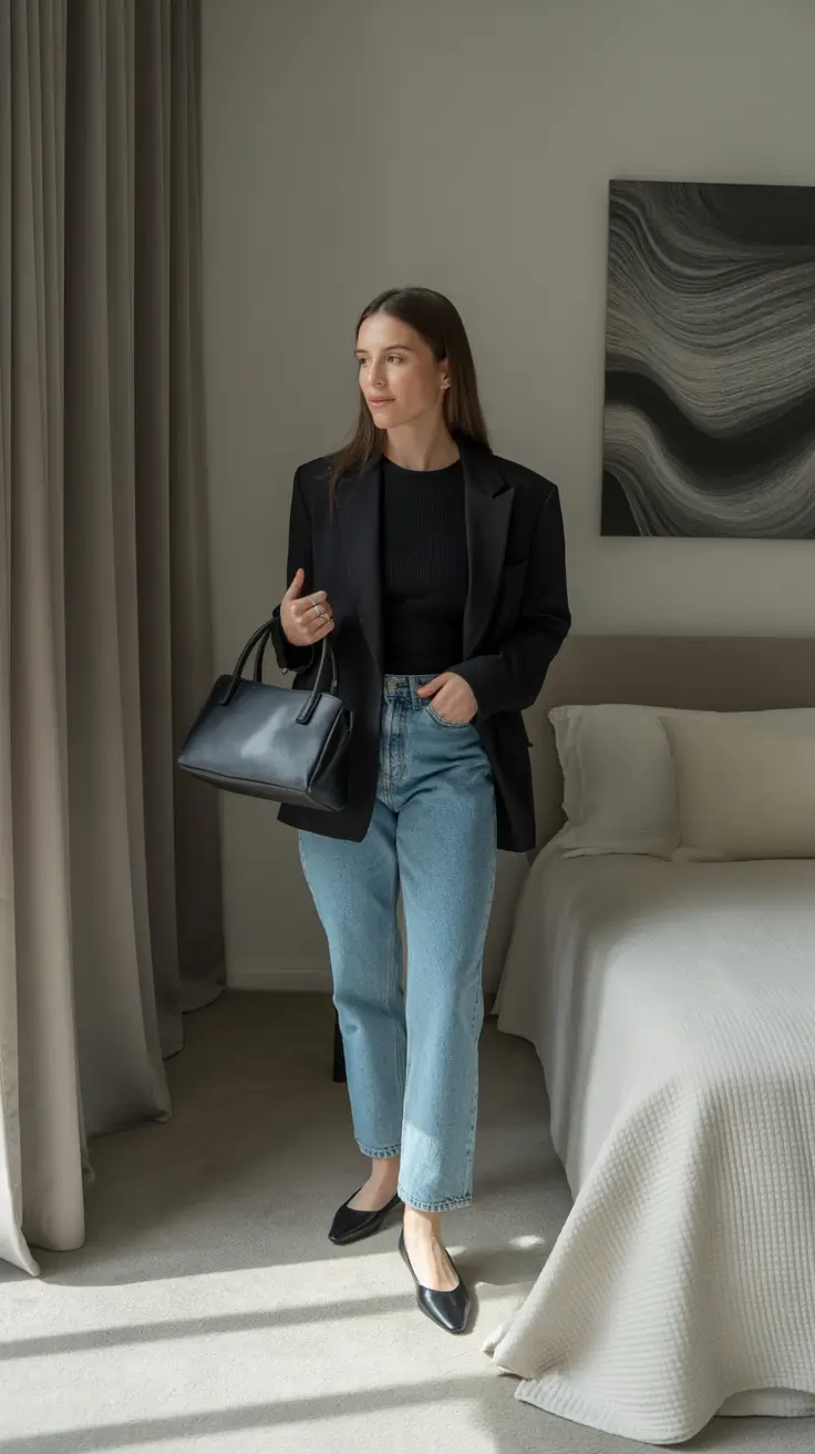 Business casual outfit for women ideas 2026 - Black Blazer, Ribbed Knit, Light Denim, Square-Toe Flats - Minimalist Off-Duty Desk Look
