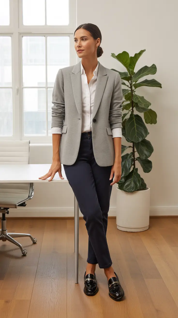 Business casual outfit for women ideas 2026 - Gray Blazer, White Shirt, Navy Slim Pants, Loafers - Boardroom Calm