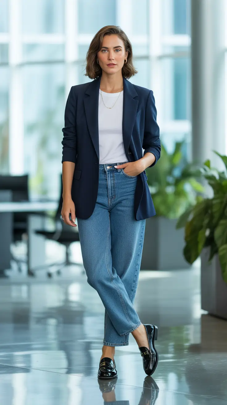 Business casual outfit for women ideas 2026 - Navy Blazer, White Tee, Straight Jeans - the Modern Office Classic