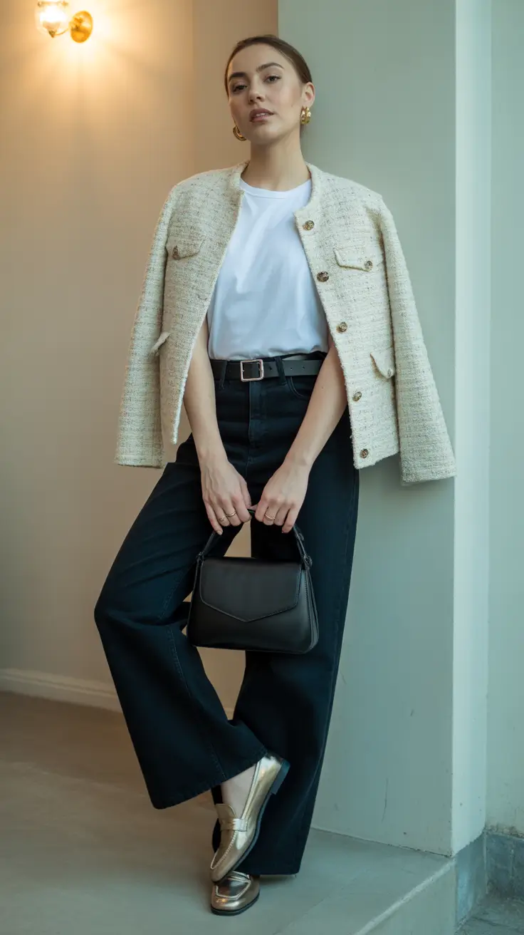 Business casual outfit for women ideas 2026 - Cream Tweed Jacket, Black Wide-Leg Denim, Metallic Loafers - Quiet Luxury Energy