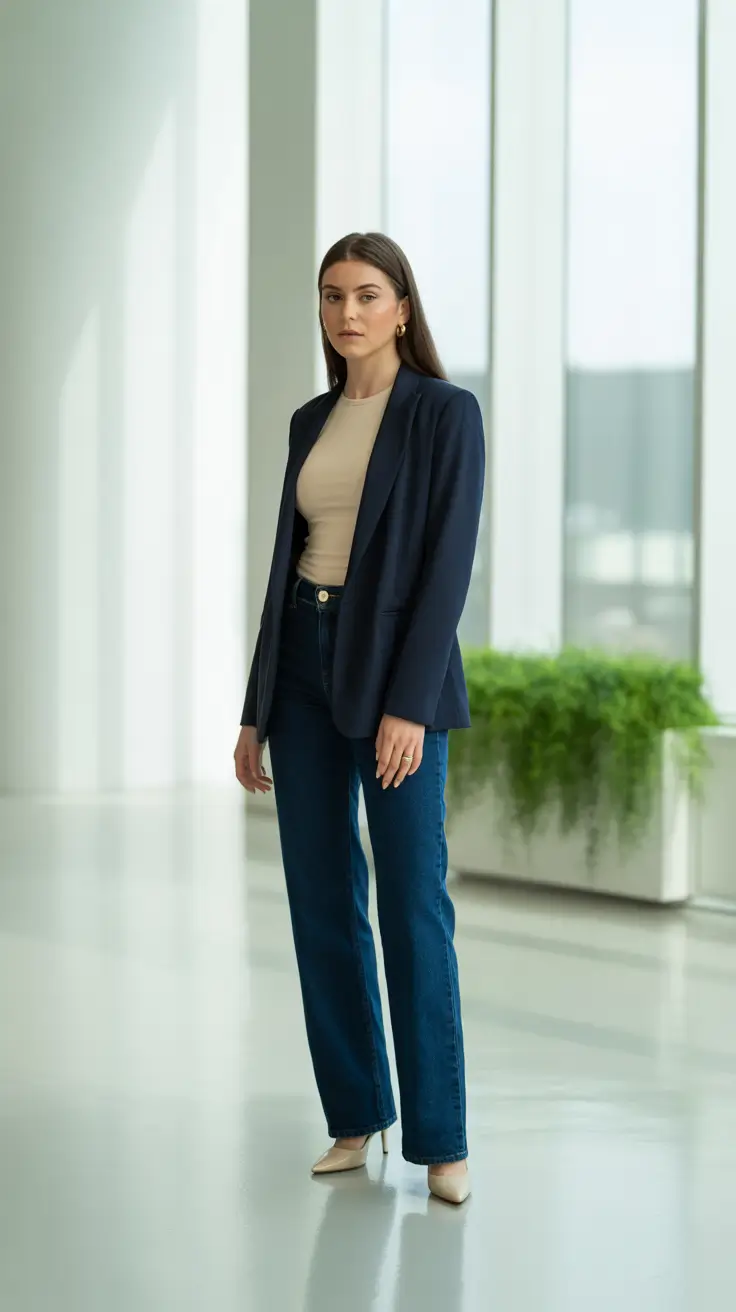 Business casual outfit for women ideas 2026 - Ink Blazer, Sand Knit Top, Dark Denim, Nude Heels - Sleek Meeting-Ready Minimalism