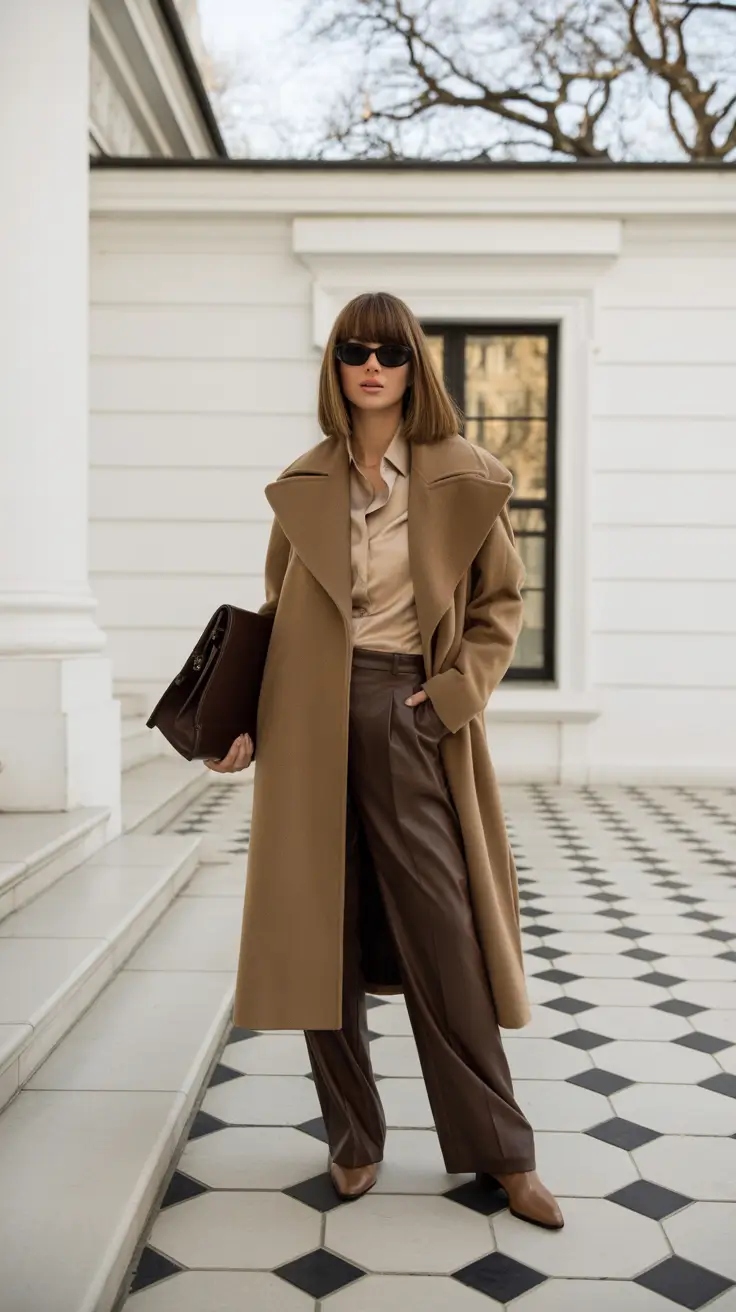 Capsule Wardrobe Outfit Ideas 2026 - Caramel Coat And Satin Shirt Power Pairing