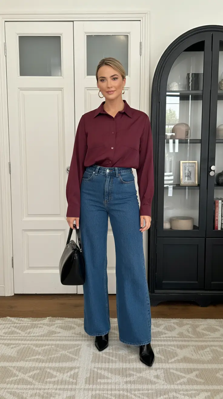 Capsule Wardrobe Outfit Ideas 2026 - Wine Shirt And Clean Blue Denim Combo