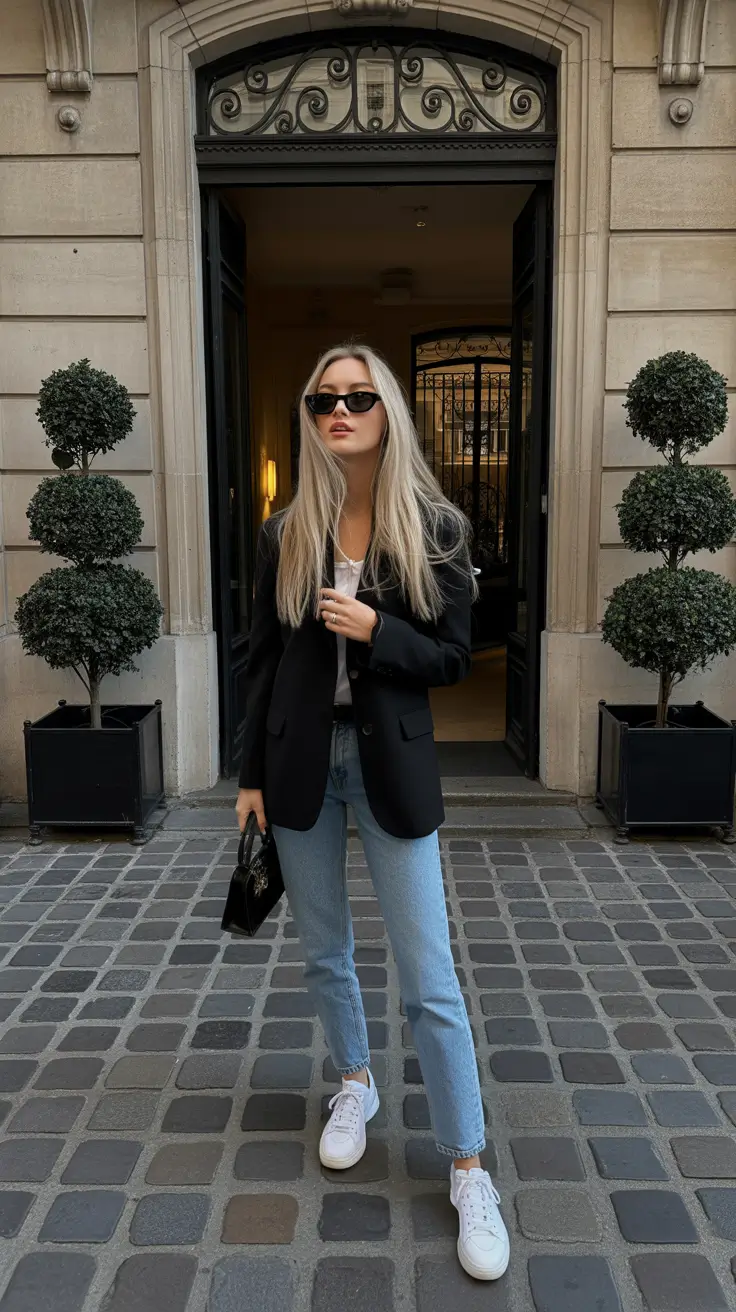 Capsule Wardrobe Outfit Ideas 2026 - Black Blazer, White Tee, Light Denim, White Sneakers