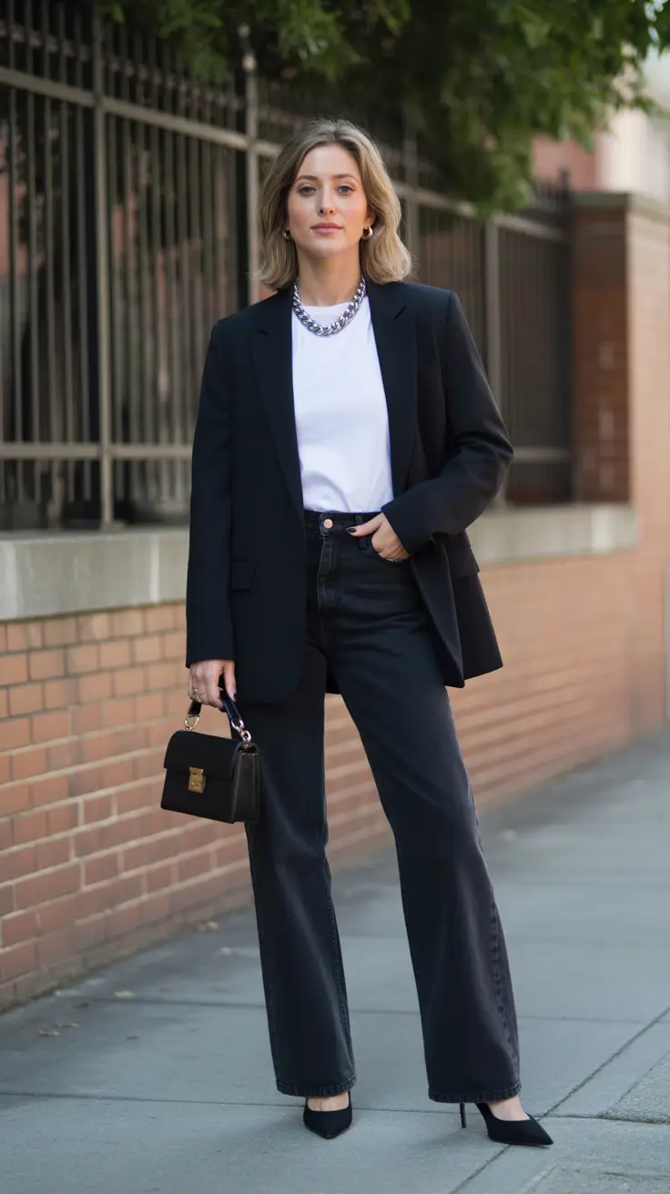 Capsule Wardrobe Outfit Ideas 2026 - Black Blazer And Denim Power Pairing